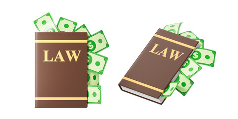 Brown law books with gold lettering stuffed with green dollar bills, isolated on white background, clean concept of legal fees or corruption, 3D Rendering