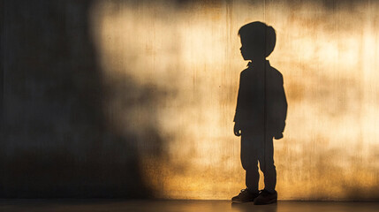 Obraz premium The silhouette of a young boy stands against a textured golden wall, a dramatic scene.