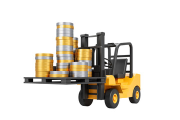 Yellow forklift truck lifting stacked gold and silver coins on pallet, 3D Rendering, isolated on white background. Concept of finance and logistics