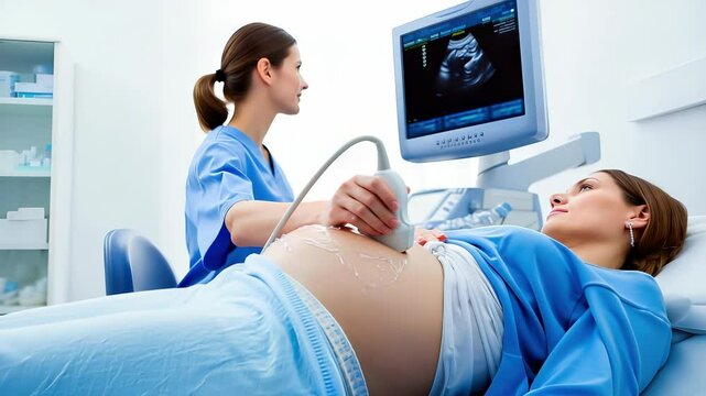 Gynecologist using ultrasound transducer performing screening test on pregnant woman lying on bed, checking baby development during pregnancy