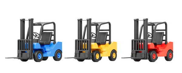 Three colorful toy forklifts in blue, yellow, and red shown in 3D Rendering style, isolated on white background, template concept for layout or cutout