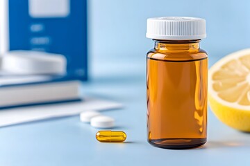 Amber bottle of liquid supplement beside pills and citrus fruit