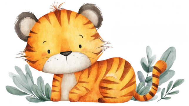 Cute watercolor tiger cub lying amidst leafy foliage illustration isolated against a white background art.