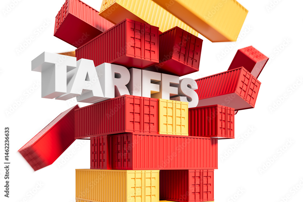 Poster stacked red and yellow shipping containers collapsing around the word tariffs, 3d rendering style, i