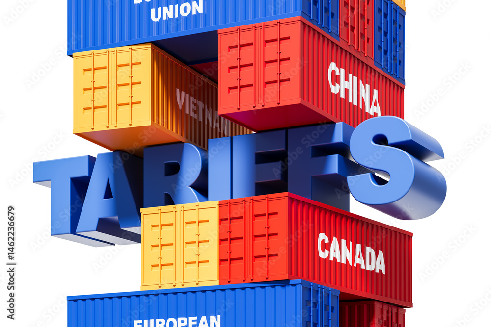 Poster stacked cargo containers with country names surround large 3d “tariffs” text, isolated on white back
