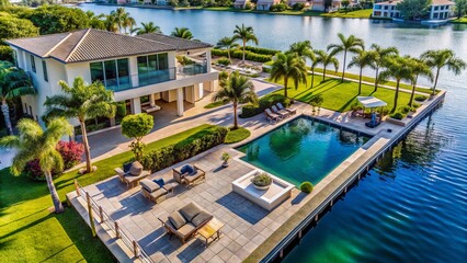 Luxurious Florida Waterfront Mansion Patio - Aerial View