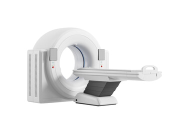 CT scan machine with patient table, modern medical equipment, isolated on white background. 3D Rendering. Concept of diagnostic healthcare technology
