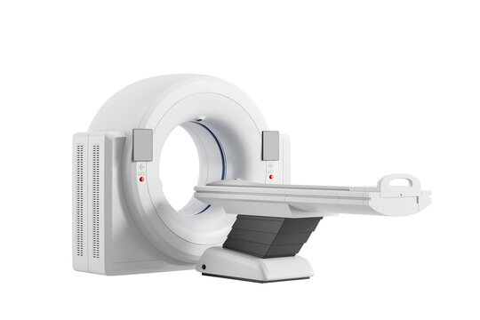 CT scan machine with patient table, modern medical equipment, isolated on white background. 3D Rendering. Concept of diagnostic healthcare technology