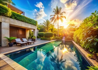 Fototapeta premium Luxurious Pool Villa Leisure Area: Sunny Day Relaxation