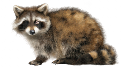 An isolated raccoon is standing and squinting its eyes on a plain white background in a studio shot.