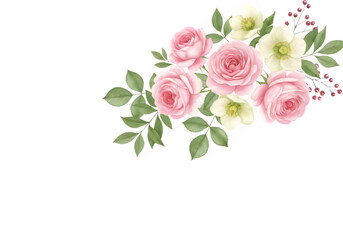 Fototapeta premium Delicate watercolor painting of pink roses and white flowers.