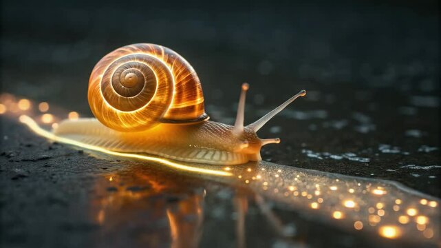Luminescent organisms concept. A glowing snail with a bright shell and sparkling trail crawls on a wet dark surface, creating a magical, enchanting scene.