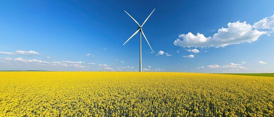 Wind turbine in a bright yellow field.