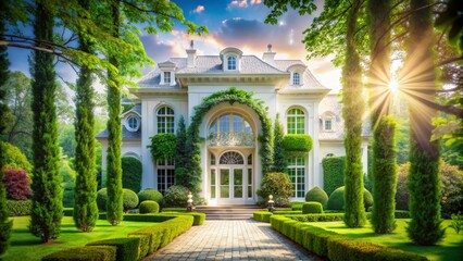 Fototapeta premium Luxurious White Mansion Double Exposure: Lush Greenery & Grand Entrance