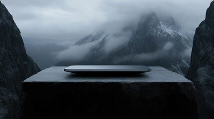 Modern device on a mountaintop pedestal. Misty mountain backdrop