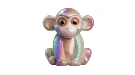 Adorable sparkly monkey toy with oversized eyes sits patiently on a bright white surface casting no shadows.