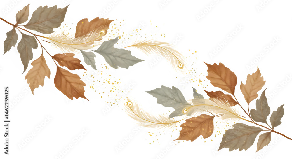 Poster artistic depiction of autumn leaves intertwined with delicate feathers, creating a sophisticated and