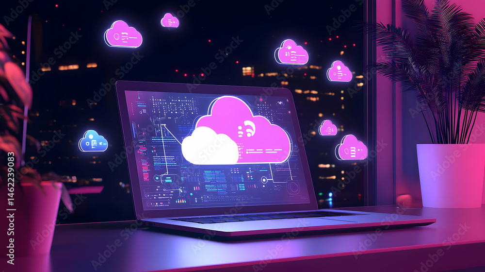 Poster modern laptop displaying cloud computing graphics at night