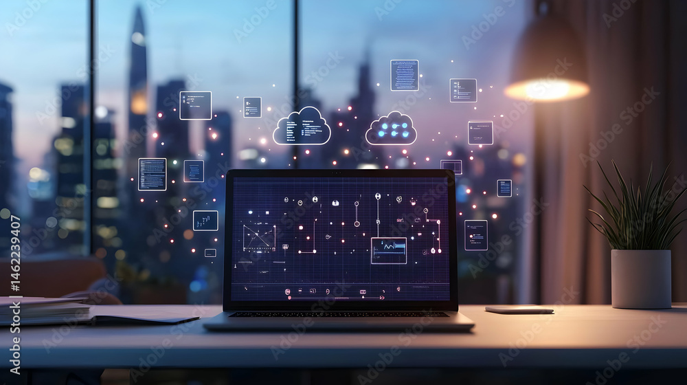 Poster modern laptop displaying cloud computing icons with cityscape view