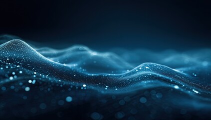 Abstract digital landscape of blue particles flowing over a dark background.  Detailed particles form undulating wave-like patterns