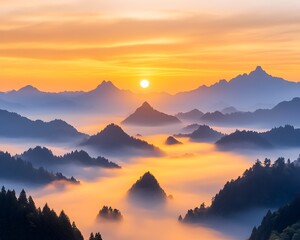 Golden sunrise paints misty mountain peaks, creating a serene, ethereal landscape