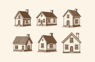 Set of house building engraving style logo design illustration