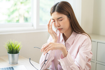 Eye problem concept, fatigue asian young woman tired eyes, irritated rubbing eye dry relief vision...