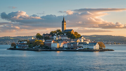 Naklejka premium Giske island with colorful clouds during sunset, more og romsdal, norway