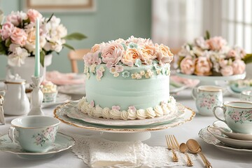 A pastel-colored cake with floral decorations, sitting on a beautifully set table, perfect for a Mother's Day celebration