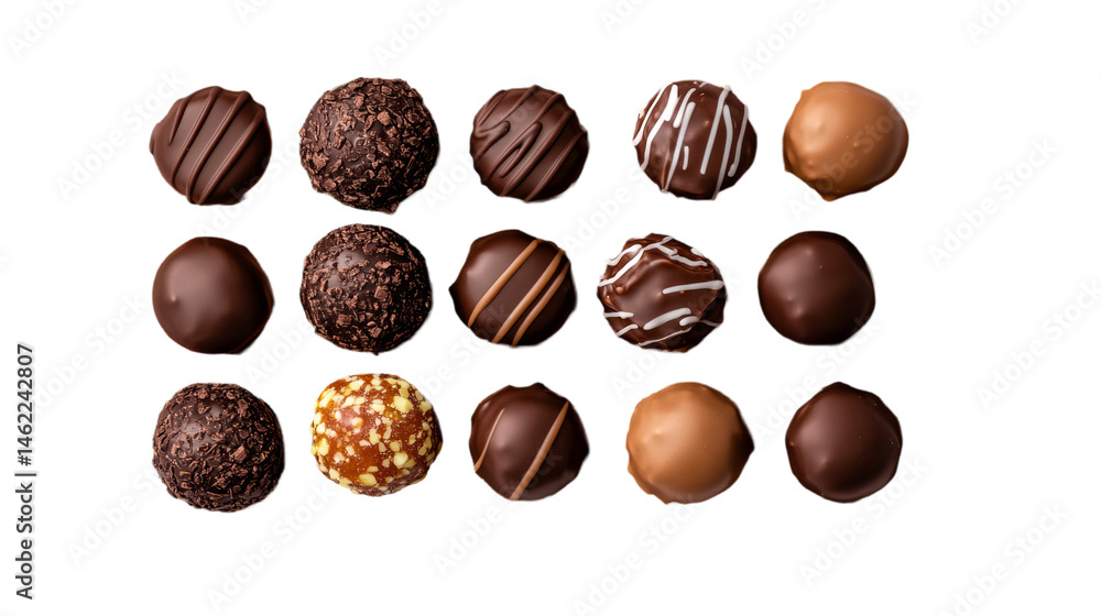 Poster assorted chocolate truffles are arranged neatly on a stark black background with varied toppings and