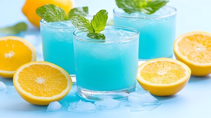 Refreshing blue iced beverage garnished with mint and citrus slices