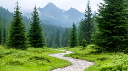 Fototapeta premium Serene mountain valley path winding through lush green forest, misty peaks in background