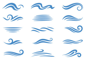 Collection of blue water wave decorative design elements