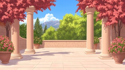 Fototapeta premium Serene patio with pink flowering plants, stone columns, and a mountain view