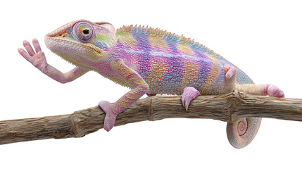 A colorful chameleon with vibrant pastel skin sits on a twig against a clean white studio backdrop alone now.
