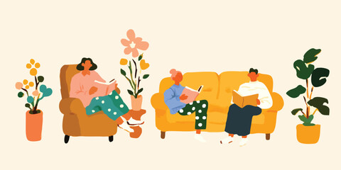 Embrace the comforting simplicity of a peaceful home as individuals immerse themselves in the pages of a good book, surrounded by the gentle presence of indoor plants. A scene of tranquil leisure.