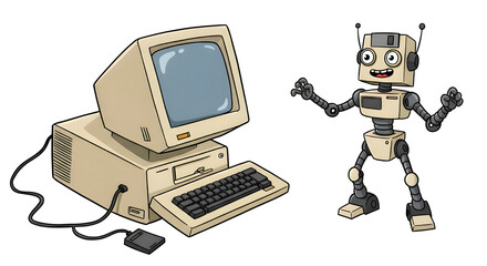 Curious Cartoon Robot Interacting with an Old Computer