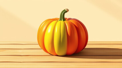 Rainbow pumpkin on wooden table with soft morning light and copy space