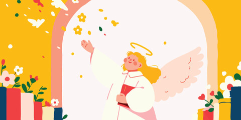 Obraz premium An angelic illustration depicts a serene scene of benevolence and grace. A celestial figure, adorned with a halo and wings, spreads joy, surrounded by symbols of peace and prosperity. The warm.