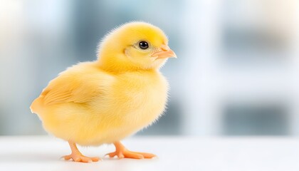 Fototapeta premium A fluffy yellow chick stands on a white surface against a blurred background
