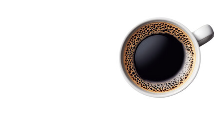Coffee fills a white cup with small bubbles around the edge against a stark black background.