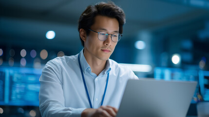 Fototapeta premium Futuristic office environment with quantum computer and developer