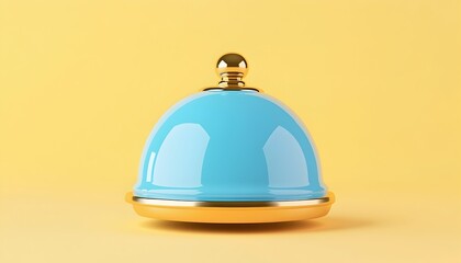 A light blue dome-shaped service bell with a gold top and base sits on a pale yellow background