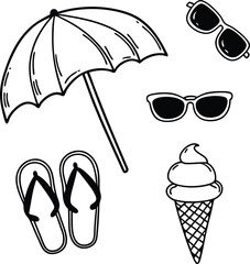 Flat style summer beach elements sihouette set