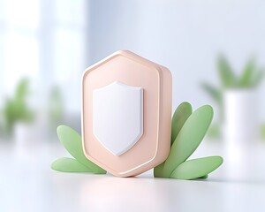 A peach-colored shield icon, with a smaller white shield inside, sits on a white surface amidst stylized green leaves