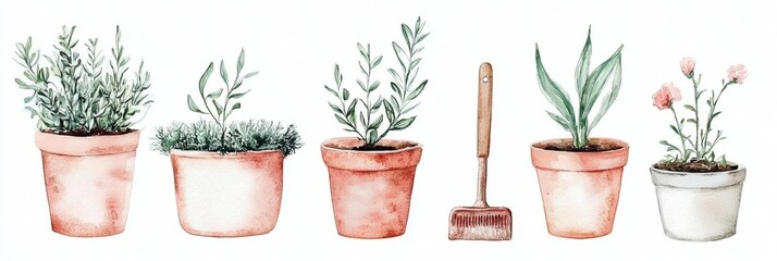 Artistic rendering of various garden essentials in soothing colors.