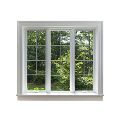 Bright and Airy Window View of Lush Greenery in a Tranquil Outdoor Setting with Natural Light Streaming In on transparent background