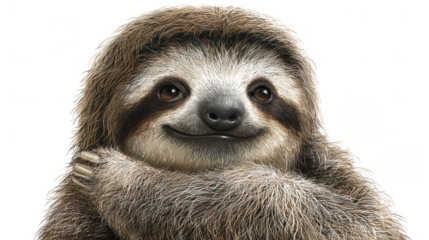 A charming three toed sloth smiles sweetly with fluffy fur and delicate features on a white background view.