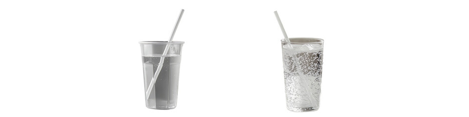 Collection of two plastic cups with straws and clear drinks, transparent background.