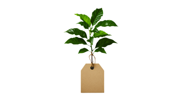 Green plant with vibrant leaves is suspended above a blank tan paper tag against a stark black background.